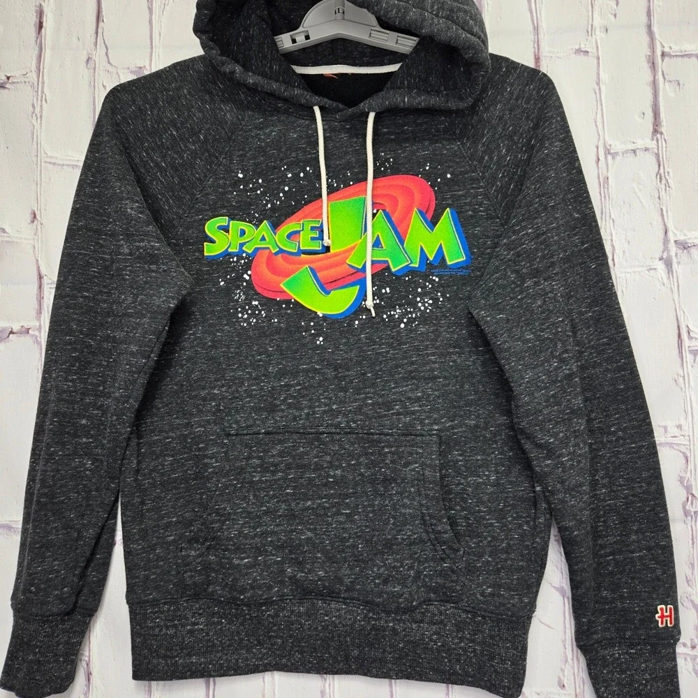 Space Jam Movie Graphic Hoodie Charcoal Gray Raglan Soft Sweatshirt Mens Small